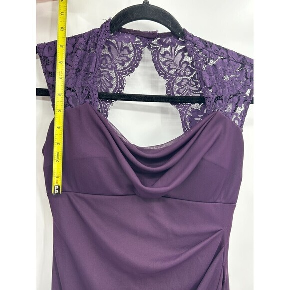 XSCAPE Eggplant Purple Lace Shoulder Ruched Drape Front Maxi Bridesmaid Dress 4 - Picture 6 of 7